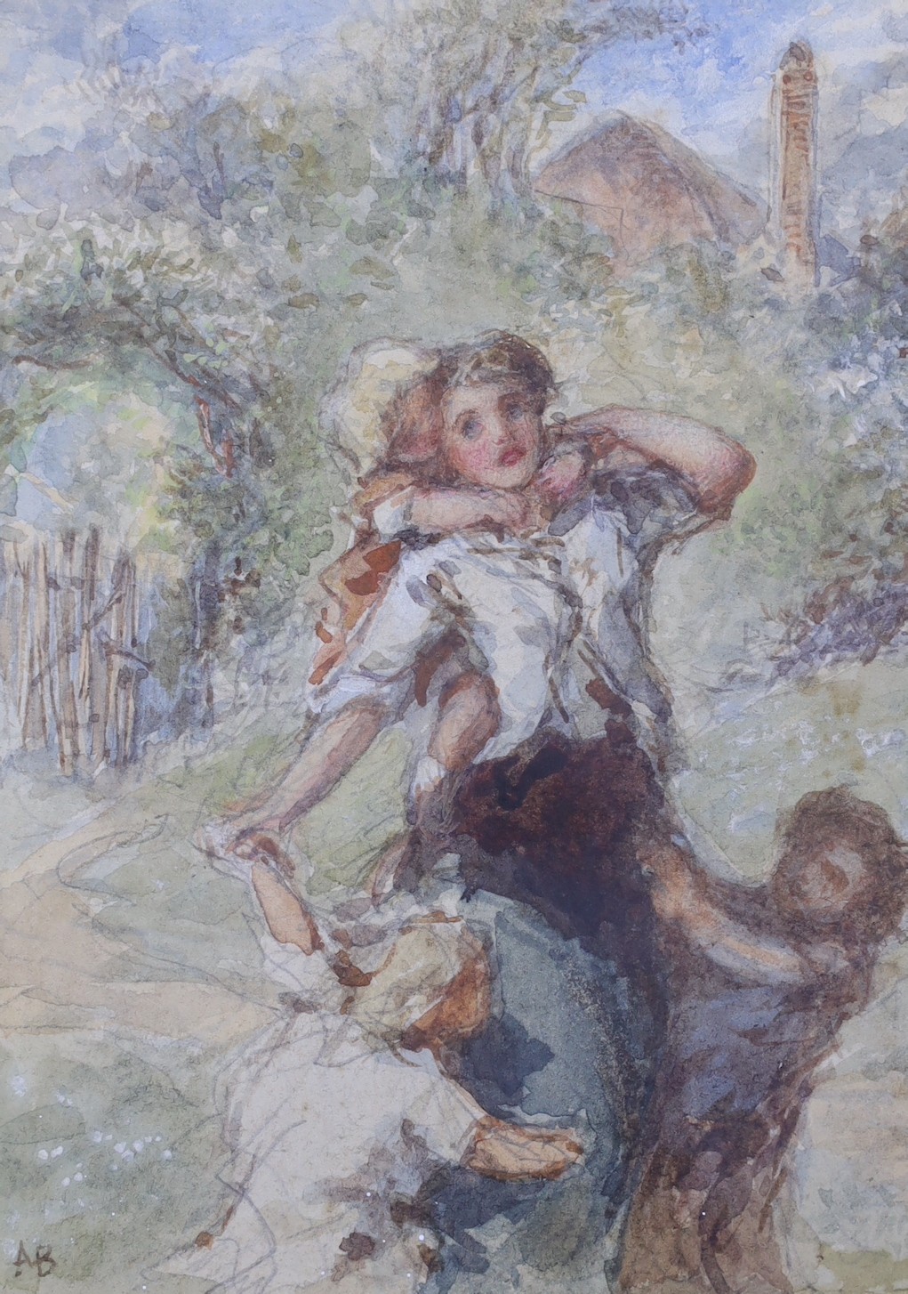 AB c.1900, watercolour, Children playing in a garden, initialled, 12 x 8.5cm